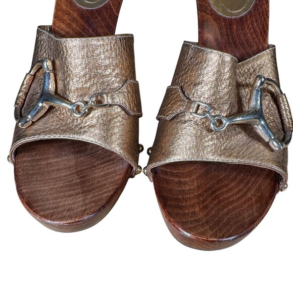 Gucci Bronze Leather Horsebit Wooden Clogs Heels Size UK 9B - Picture 3 of 12